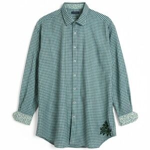 Robert Graham Shirt Mens 3XL Floral Flip Cuffs Gingham Check Green Embroidered